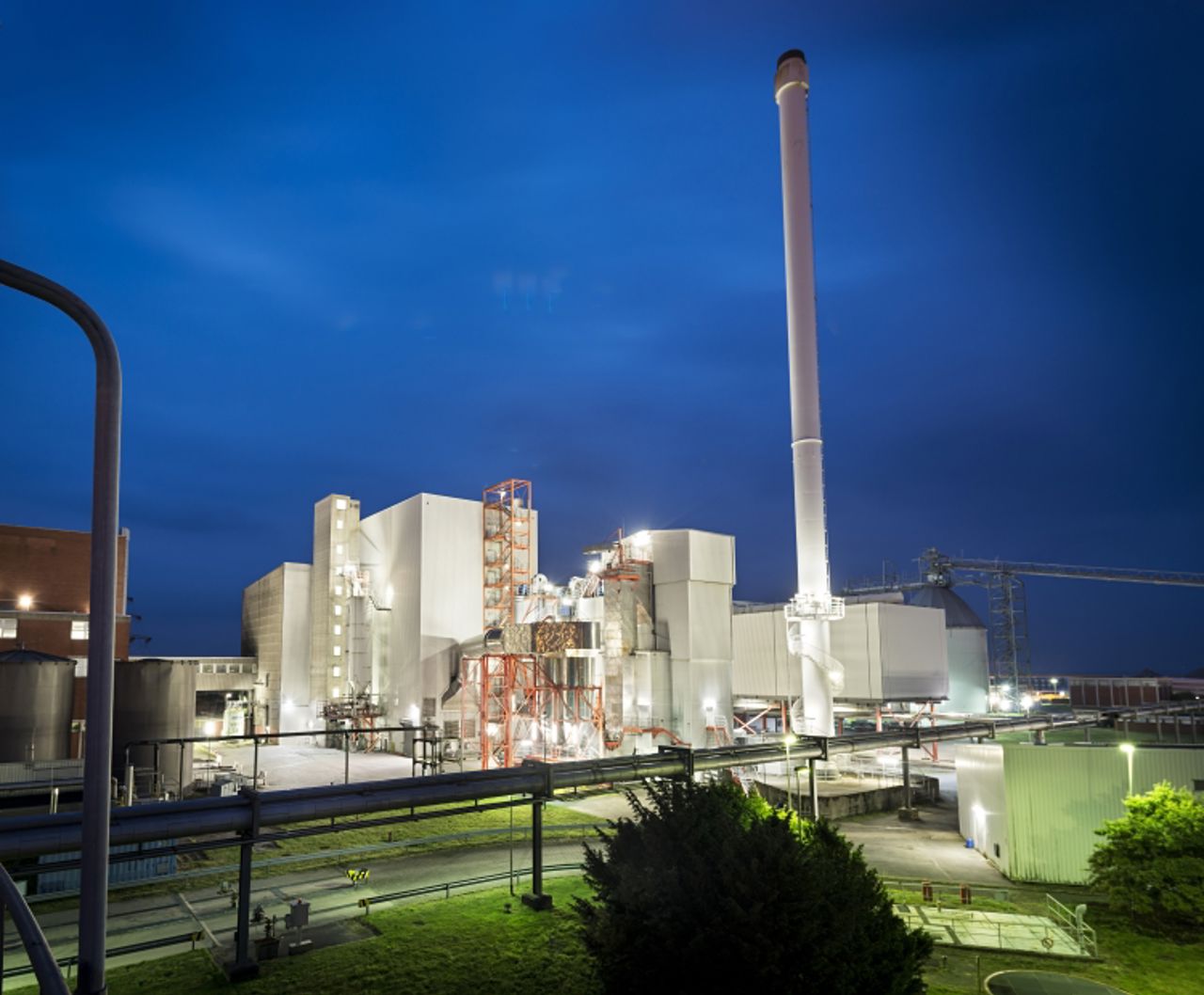 Biomass plant lit up at night