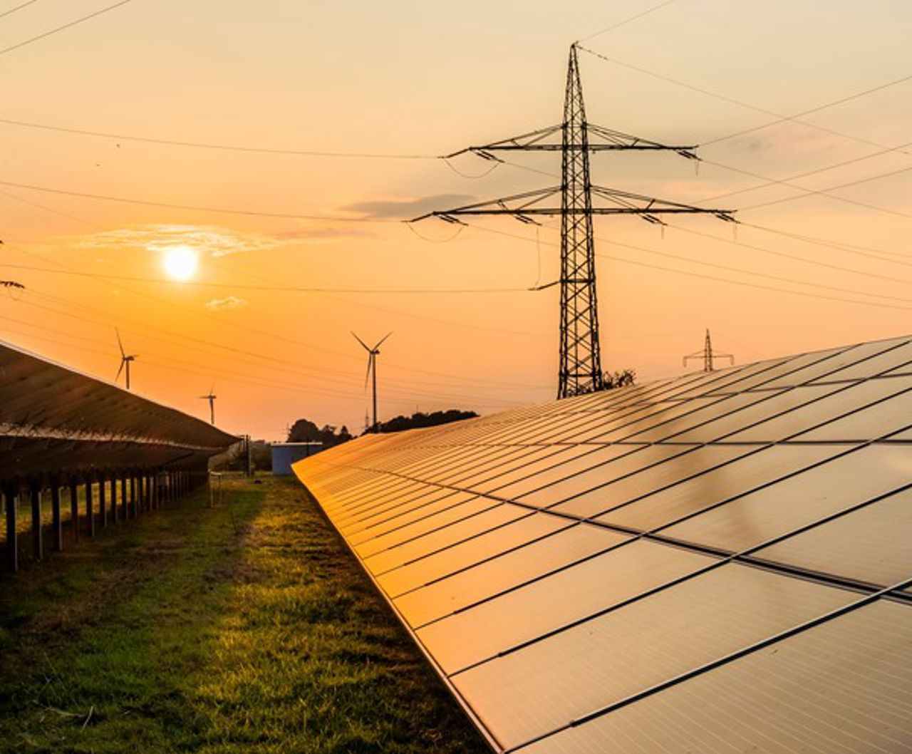 Sundown over a solar farm